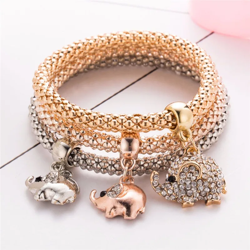 3 шт./компл. листья из кристаллов Корона шарма сердца Браслеты& Bangles, смесь цветов слона Совы Подвески Стразы Браслеты для Для женщин