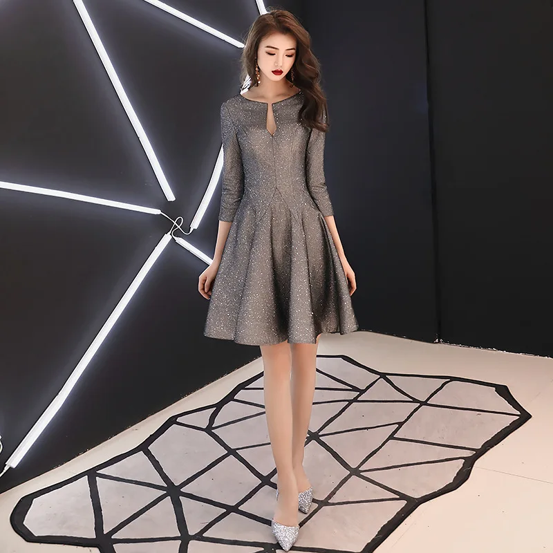 

Silver Gray Women Party Dresses R212 O-Neck A-Line Formal Evening Gowns Three Quarter Sleeve Elegant Vestidos Shiny Prom Dress