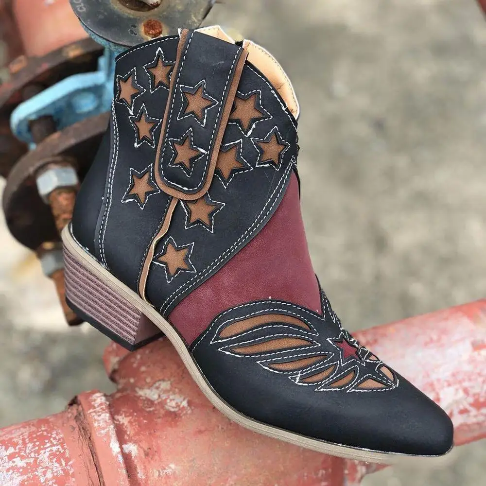 

Western Boots Women Patchwork PU Leather Boots Pointed Toe Ankle Boots for Women Zipper Star Rubber Boots 2020 Female Shoes