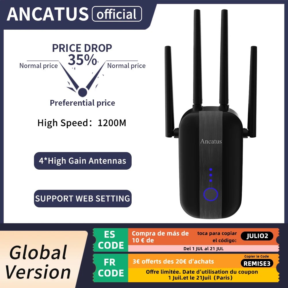 Ancatus A2 1200Mbps 2,4G/5 Ghz Vezeték Nélküli Kiterjesztő 802.11Ac Wifi Repeater Erőteljes Wi-Fi Útválasztó Hosszú Távú Wlan Wifi Erősítő