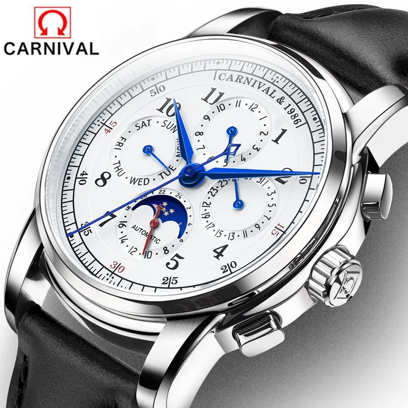 

Carnival Brand Watches Men Fashion Luxury Automatic Mechanical Week Month Date Moon Phase Watch Clock For Man Relogio Masculino