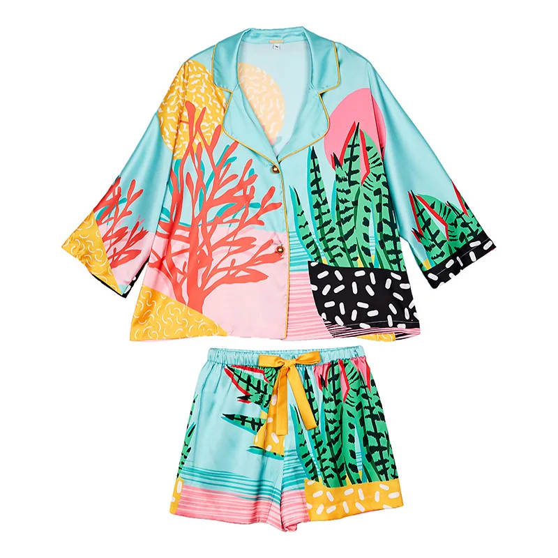Women Pajama Set Hand Drawn Art Tropical Plants Silk Like Nightwear Shorts