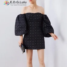 EDGLuLu, дизайнерские платья, подиум,, винтажное, шикарное, сексуальное, элегантное, черное, в горошек, с высокой талией, с пышными рукавами, с открытыми плечами, платье