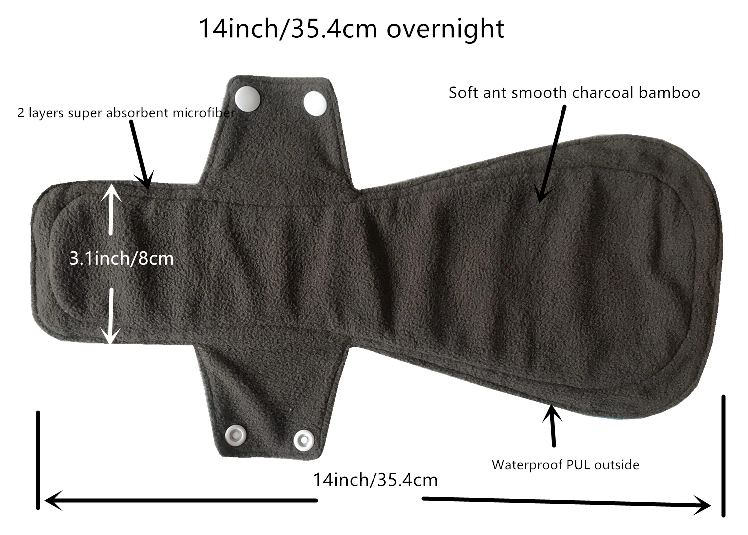 JUTESK's 5 pieces14 Inch / 35.4cm Overnight Charcoal Bamboo Mama Cloth/ Menstrual Pads/ Reusable Sanitary Pads