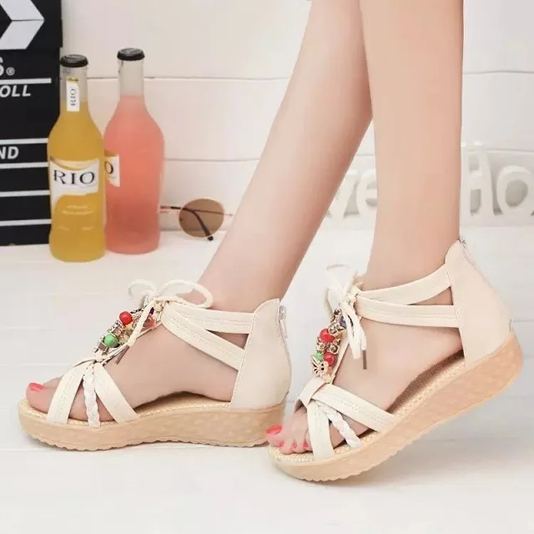 

Sandals Women's 2019 Summer New Style Korean-style Flat Beaded Bracelet Bohemian Students Anti-slip Gladiator Sandals