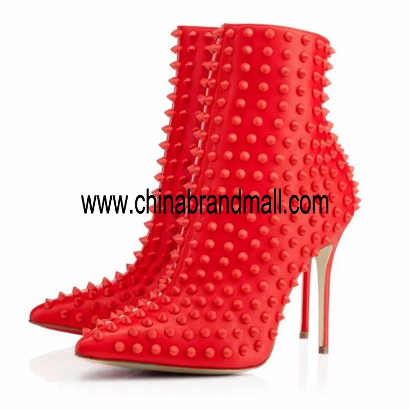 

Extreme High Heel Short Booties Red Ankle Boots for Women Pointed Toe Thin Heels Rivets Studded Ladies Shoes Plus Size 45