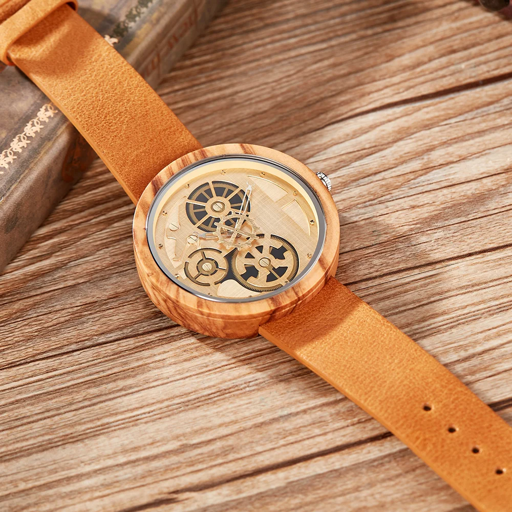 Relógio de Madeira Exclusivo para Homens Relógios de Pulso com Pulseira de Couro Quartz Movement Calendar - Image 4