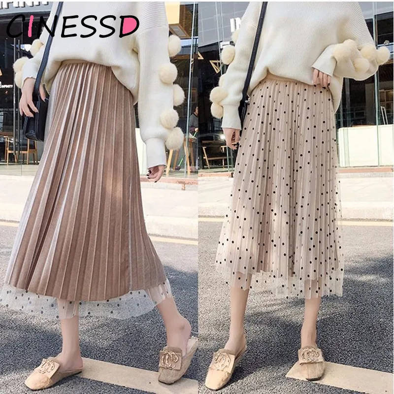 Плиссированная юбка в горошек бархатная юбка больших размеров с высокой талией женские длинные юбки макси юбка женские юбки корейская мода школьная юбка