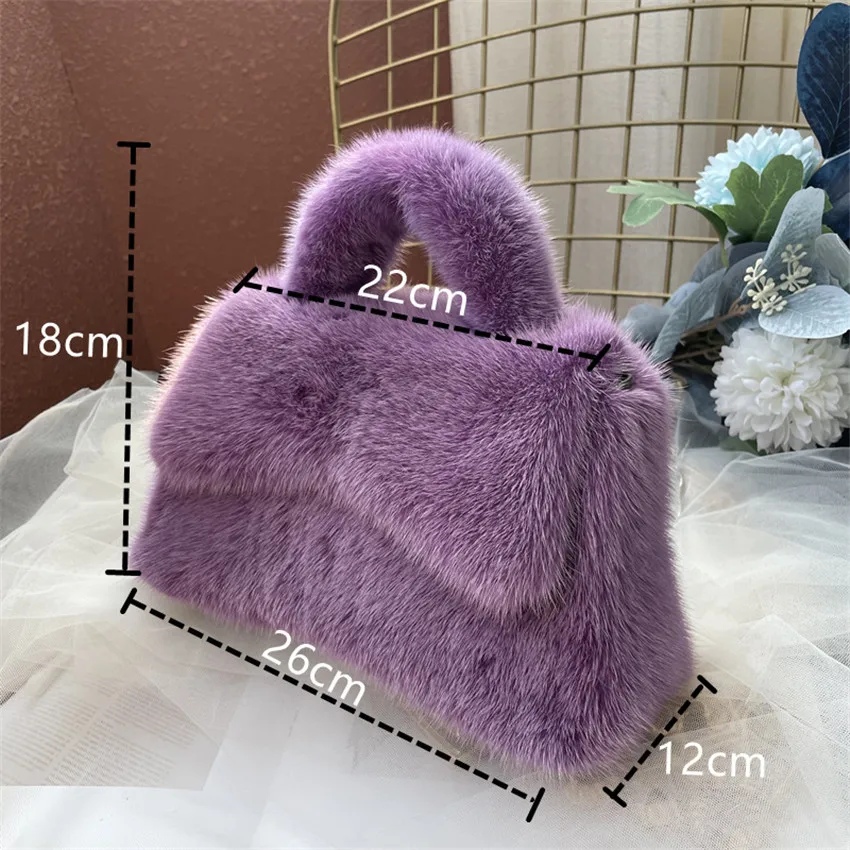 Female Mink Leather Solid Color Plush Casual Lady Handbag Shoulder Fashion Exquisite Shopping Bag_voghion.com