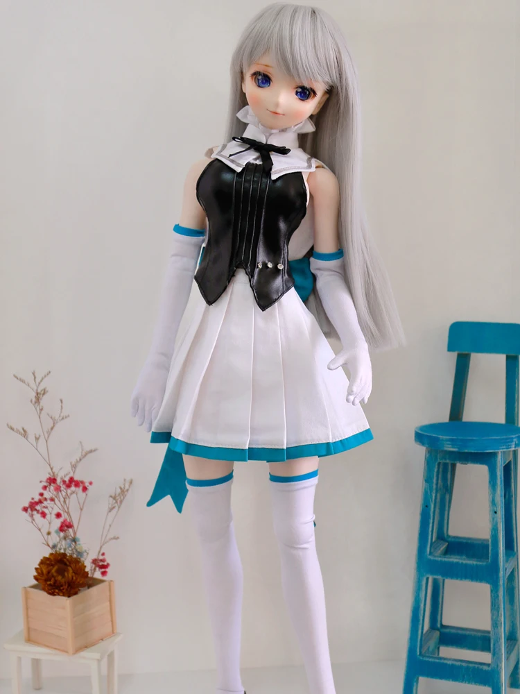 Одежда для куклы BJD кожаный костюм в стиле панк черный топ белая юбка носки
