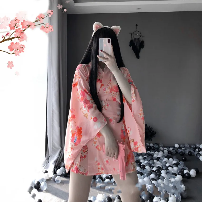 Kimono Dress Japanese Style Woman Sakura Sexy Girl Haori Vintage Yukata Bathrobe Sexy Uniform Nightgown Pajamas Party Clothes