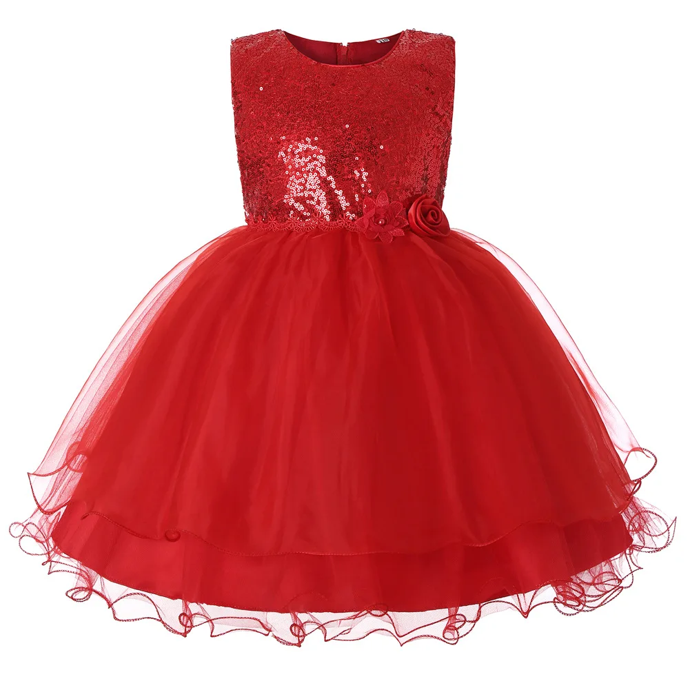 

Cross Border Europe And America Sleeveless Sequin Children Princess Puffy Dress Christmas Red Performance Dress
