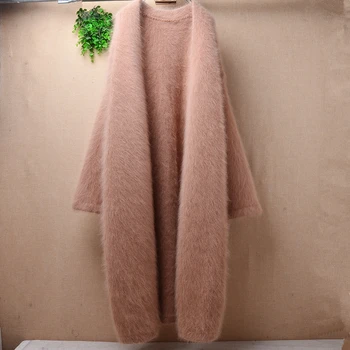 

Top mujer woman fuzzy mink cashmere loose oversized cardigan mantle winter thick warm angora rabbit fur knitted overcoat sweater