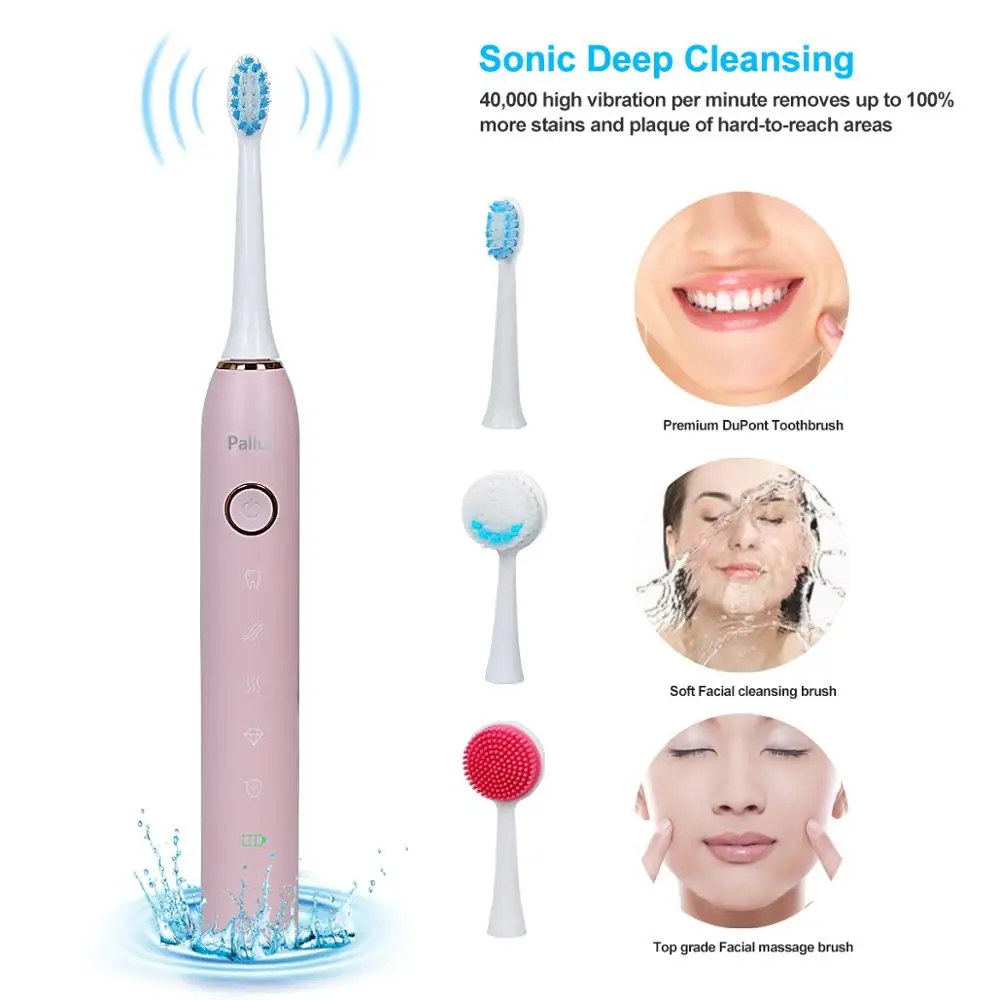 

Pallus Toothbrush Set of 2 Brush Heads 2 Facial Cleaning Head 5 Brushing Modes Standard 2 Minutes Timer Care All IPX7 Waterproof