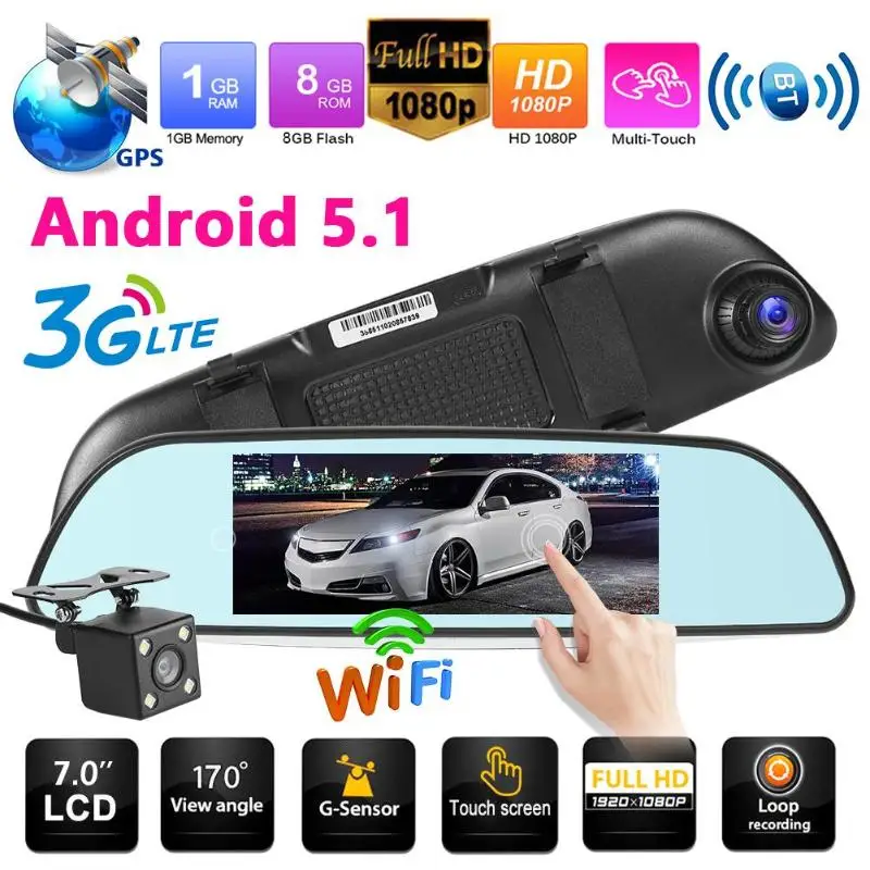 

7 inch 3G Android 5.1 Car DVR Car Camera Recorder GPS Navi Dual Lens WiFi Bluetooth FM Dash Cam Video Recorder