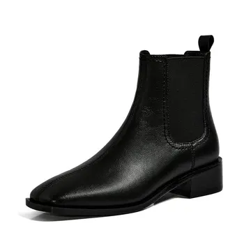 

Genuine Leather Female Chelsea Short Boots Square Heels Women Warm Ankle Boots Dancing Party Shoes Woman