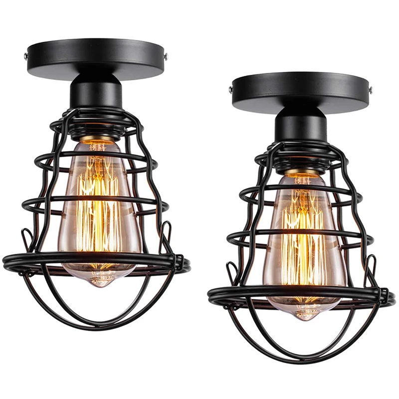 

Vintage Semi Flush Mount Ceiling Light E26 Rustic Antique Metal Caged Industrial Ceiling Light Fixture 2 Pack