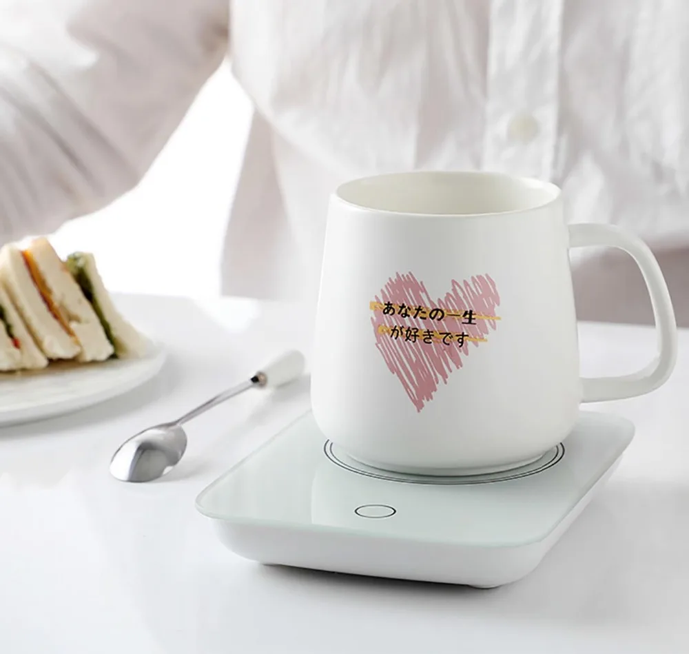 55℃ Cup Warmer Heated Mug Coasters Electric Heater Thermostat Warm Cup Mat Pad Hot Milk Coffee Mug Warmer With Free Ceramic Cup
