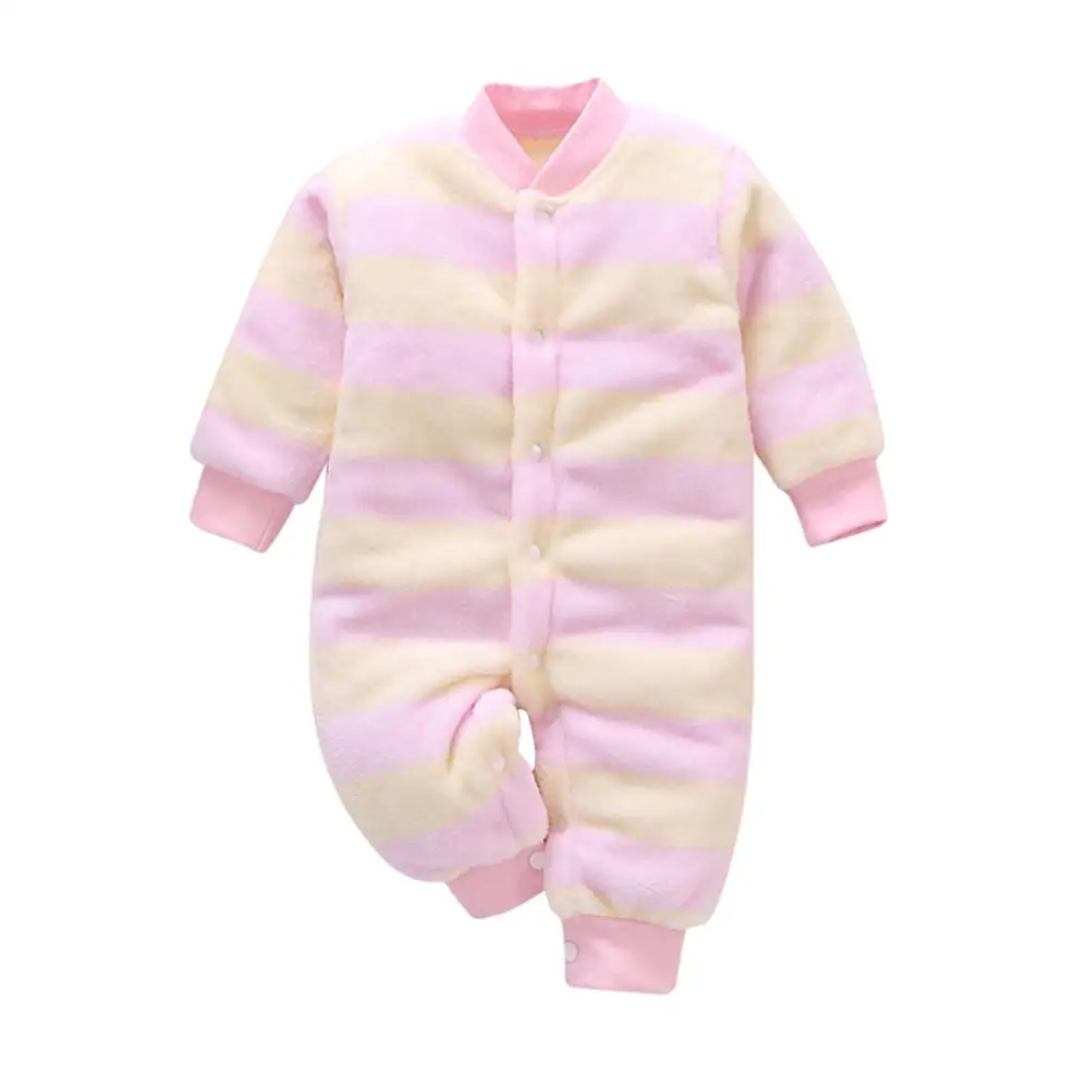 Newborn Infant Baby Girl Fleece Thick Warm Striped Romper Jumpsuit Coat Outfits Soft Cotton Blend V-neck Long Sleeve Romper A40