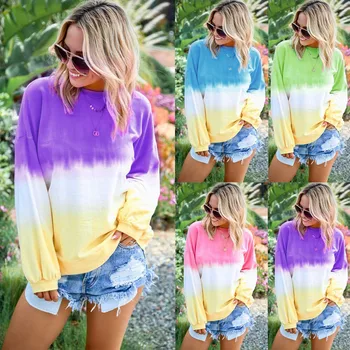 

Cute Candy Gradient Contrast Color Loose Round Neck Ladies Long Sleeves Winter Basic T-Shirt Women Long Sleeves