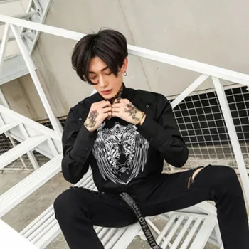 

Men Fashion Printing Causal Shirt Male Punk Hip Hop Long Sleeve Black Dress Shirts Nighclub Stage Show Costumes