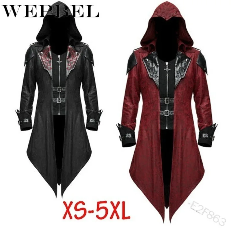WEPBEL Mens Trench abrigo de cuero Medieval gótico renacimiento Retro Punk Assassin Creed Chaquetas de manga larga