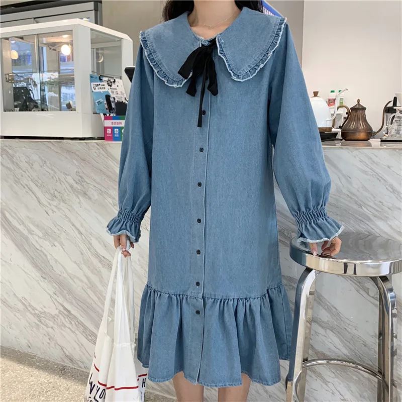 

2019 Autumn & Winter New Style Large Size Dress Fat Mm Korean-style by Age Flounced Peter Pan Collar Cowboy Shirt Dress Women's