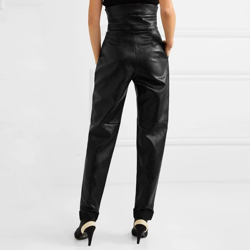 Free shipping black PU leather street style women's pants high waist ruched asymmetrical trousers female fashion clothing
