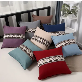 

Cotton and Linen Embroidered Feather Cushion Cover New Chinese Style Solid Pillowcase Patchwork Blue Pillow Cover Sofa Bed Decor