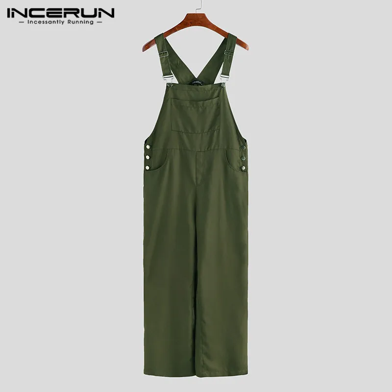 Army Green INCERUN сплошной цвет универсальный инструмент мужской комбинезон прямая соломинка брюки свободные мужские комбинезоны Модные мужские уличные - Цвет: Army Green