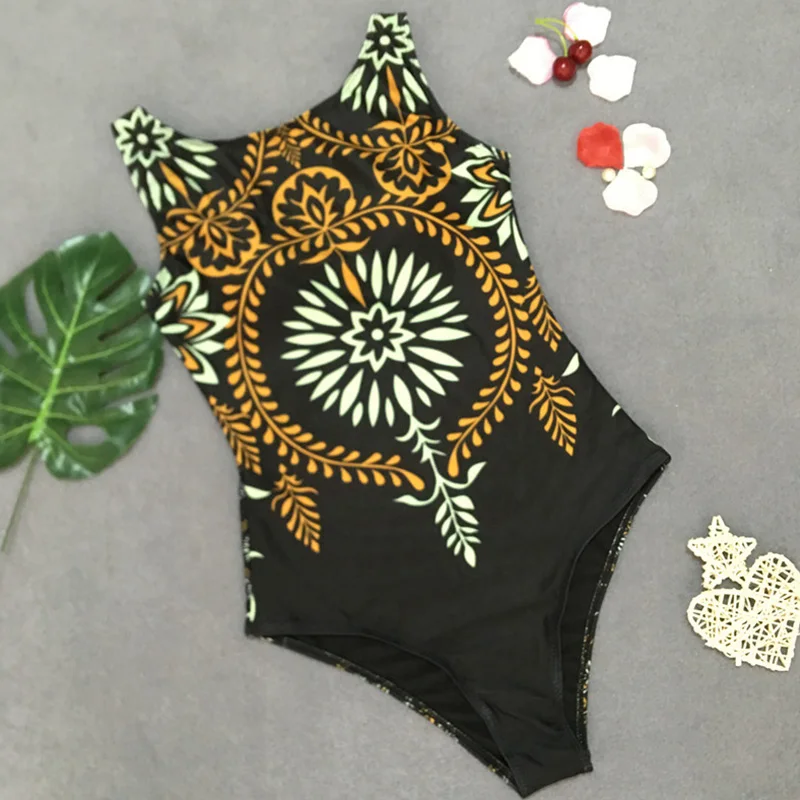 

Women One Piece Swimsuit Retro Swimwear Printed Push Up Summer Bathing Suit Tropical Bodysuit Female