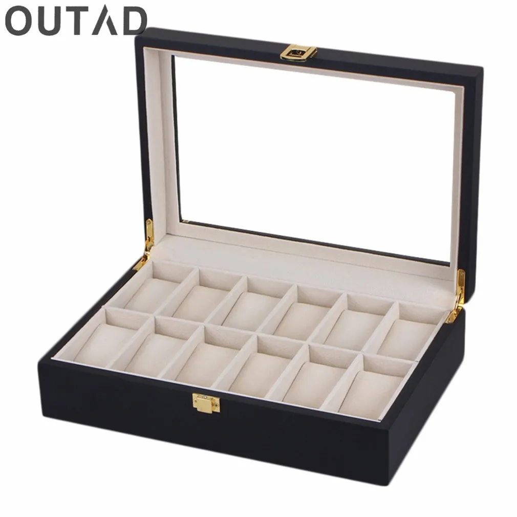 

12 Grids Watch Box Black Matt Wooden Watches Wider Jewelry storage Organizer Case Fashion Storage Boxes Holder