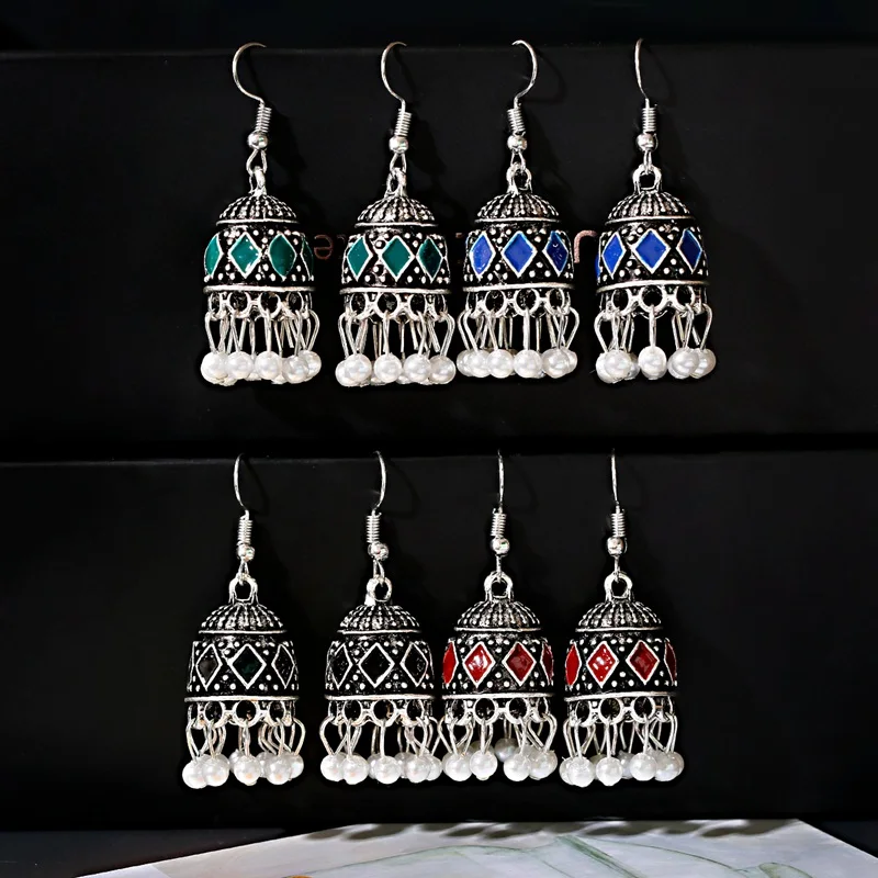 Винтаж индийской Jhumka Jhumki сплав клетка с белым шариком кисточкой длинные висячие