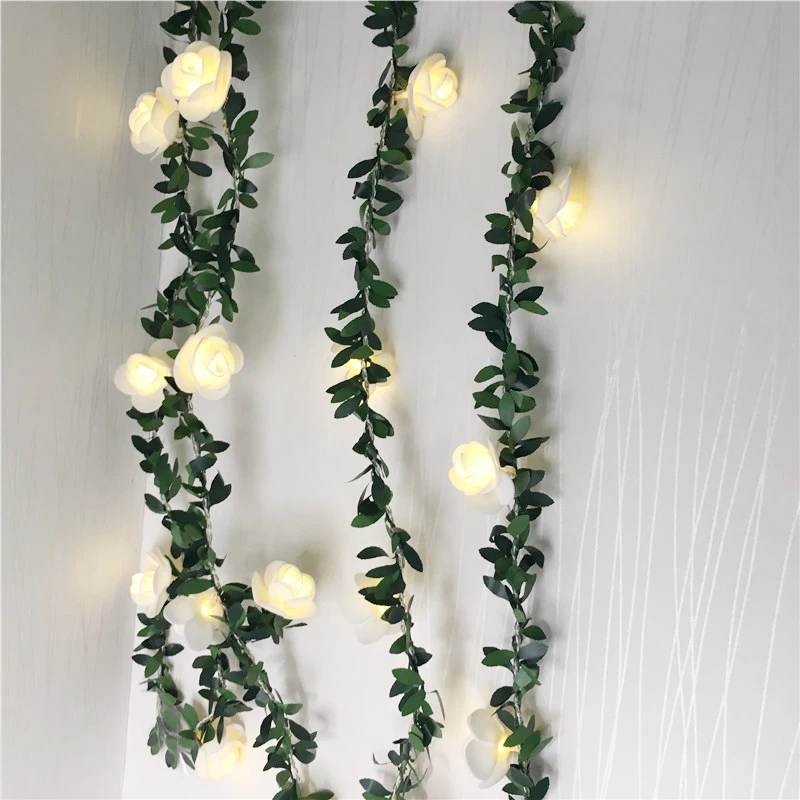 

6M 3M LED Light Artificial Rose Flower String Warm White Lights With Ivy Leaf For Wedding Xmas Holiday Background Wall DIY Decor