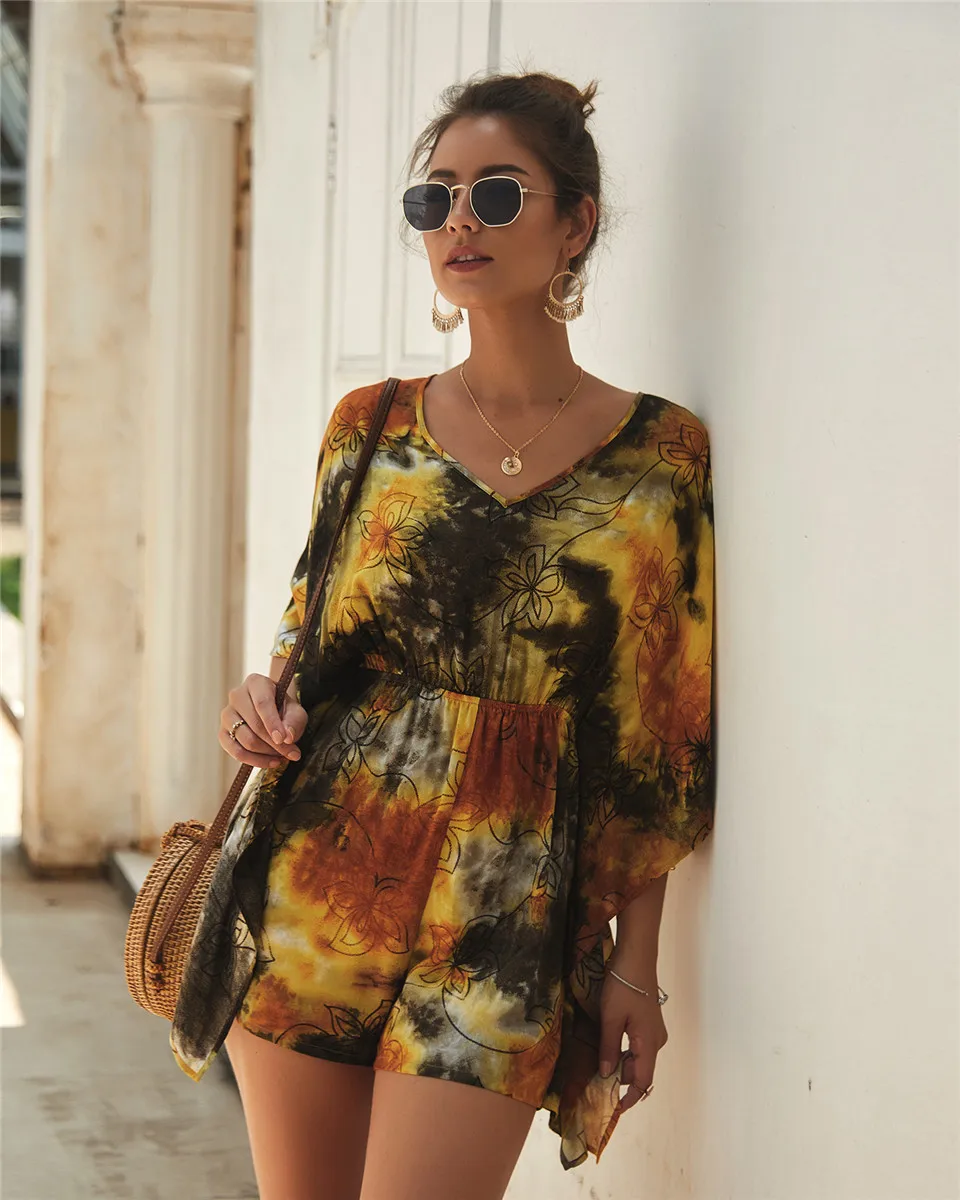 Женские комбинезоны с принтом, комбинезон Boho, уличная одежда, короткие комбинезоны, женские летние богемные праздничный пляжный костюм, женская одежда