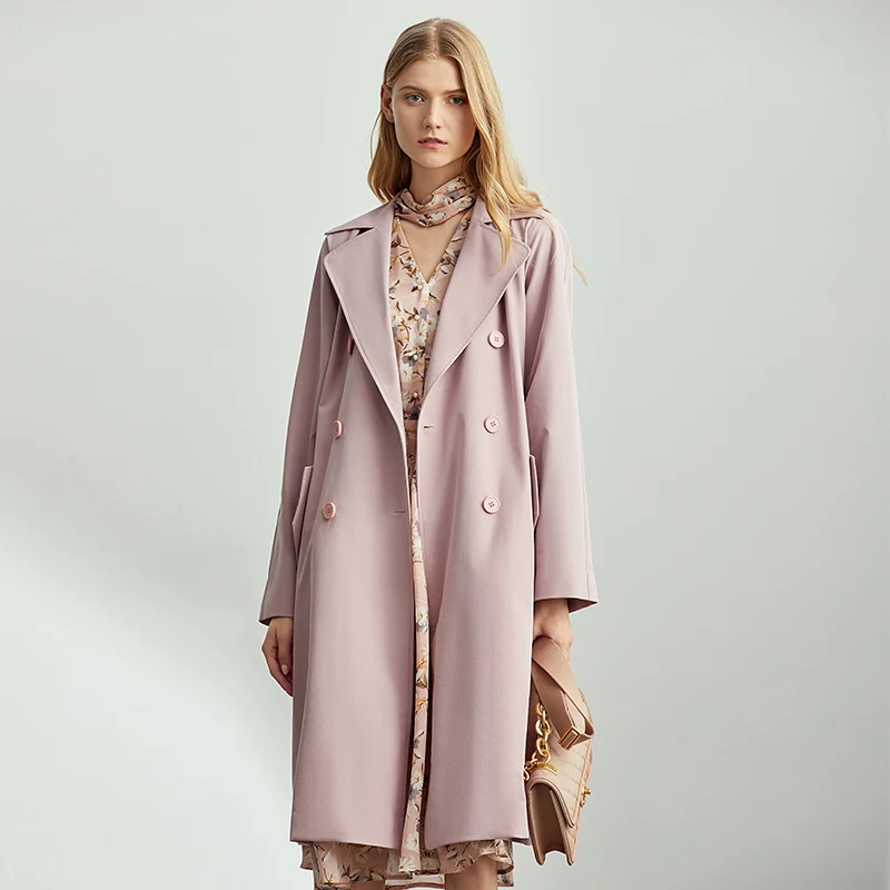 Amii English wind temperament medium and long style windbreaker woman autumn dress double row buckle fastening belt coat - Цвет: Grey Pink