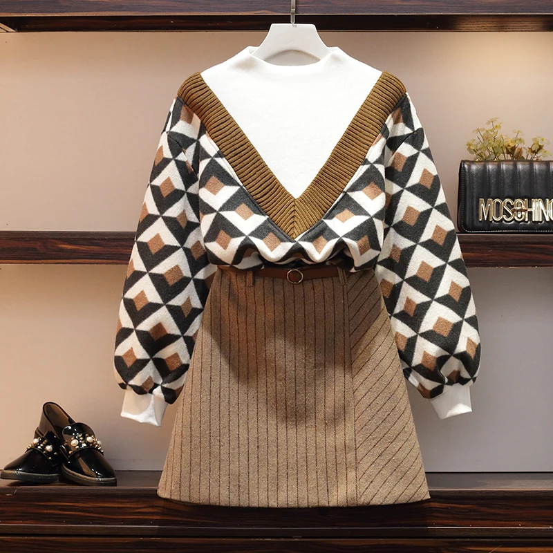 

Women Long Puff Sleeve Knit Pullover Sweater Top+Blown Stripe Mini Skirt Set 2019 Autumn Winter Knitted 2 Piece Clothing Set