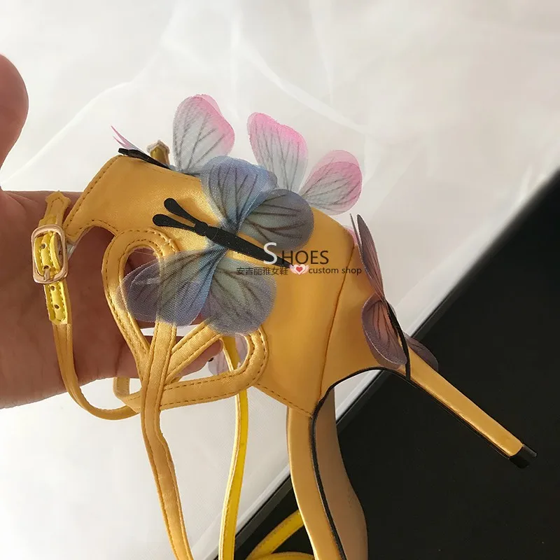 Butterfly Winding Dream Blue Fine-heeled Sandals Ribbon Flowers High-heeled Shoes Large Size Foreign Trade Women's Shoes