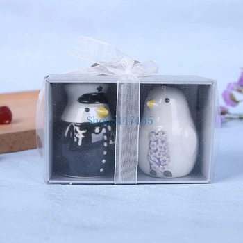 

100pcs(50boxes) Cut Penguin Lover Couple Ceramic Salt and Pepper Shaker Wedding Favors And Gifts for Guest Free Shipping