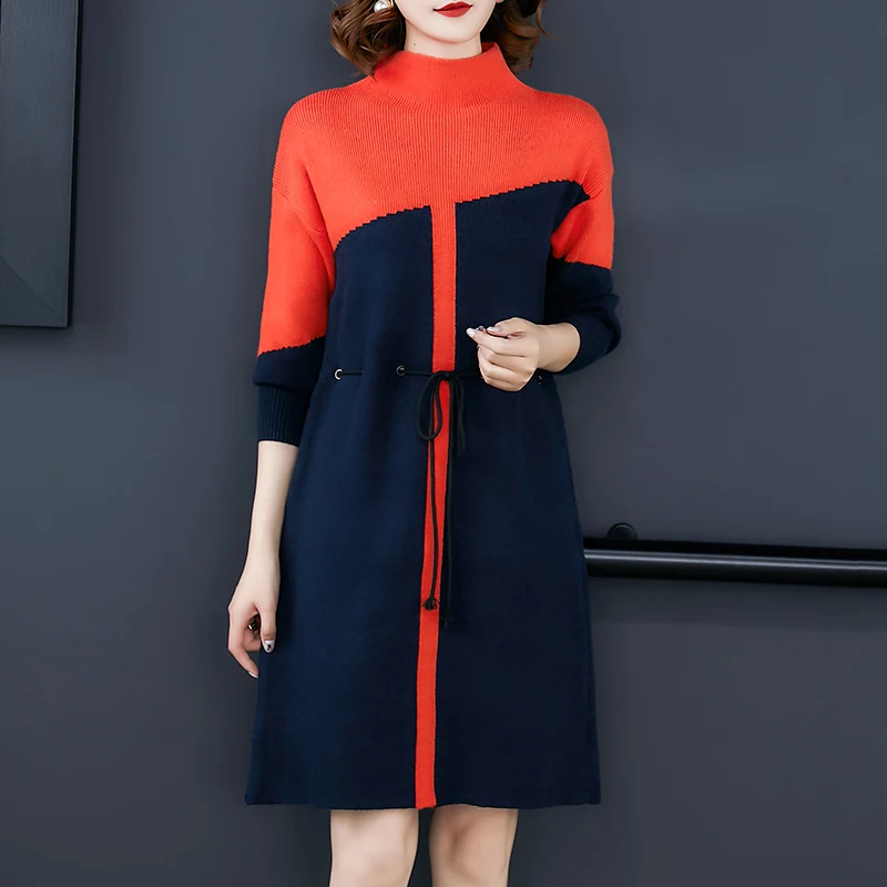 Осенне-зимнее трикотажное платье-свитер с цветным блоком женское платье с длинным рукавом больших размеров корейское элегантное модное платье Vestido