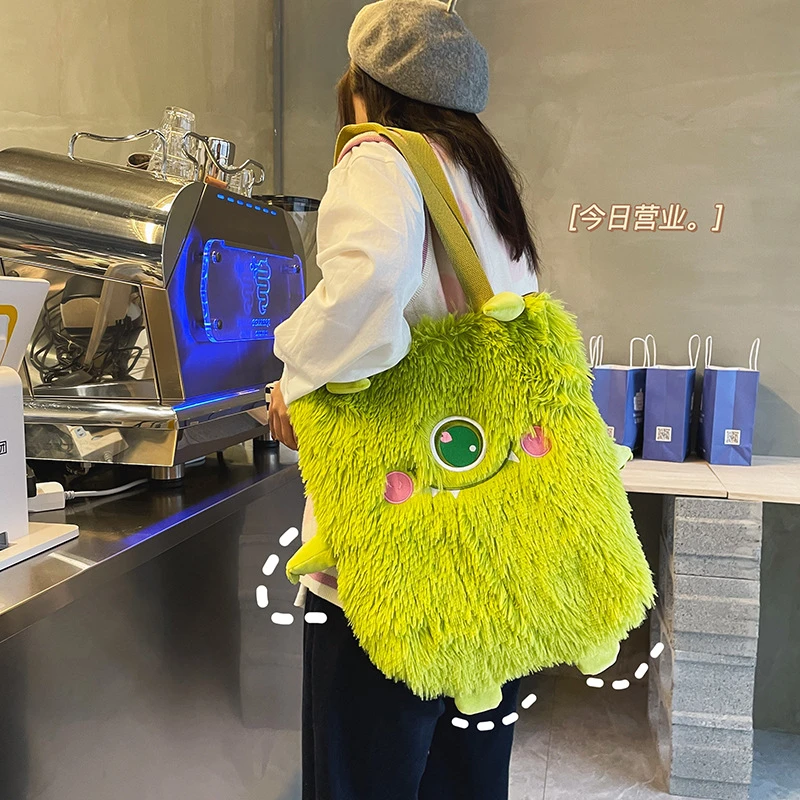 Women new Japanese cute funny plush handbag personality embroidery little monster plush girl student shoulder bag female bag