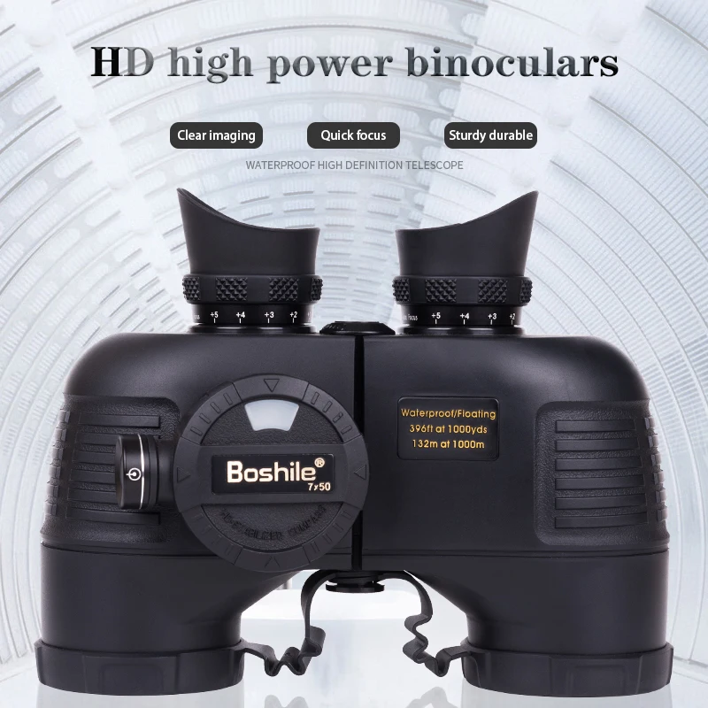 Binoculares militares náuticos para caza al aire libre, prismáticos con brújula de alta potencia, HD, 7X50, visión baja, impermeable