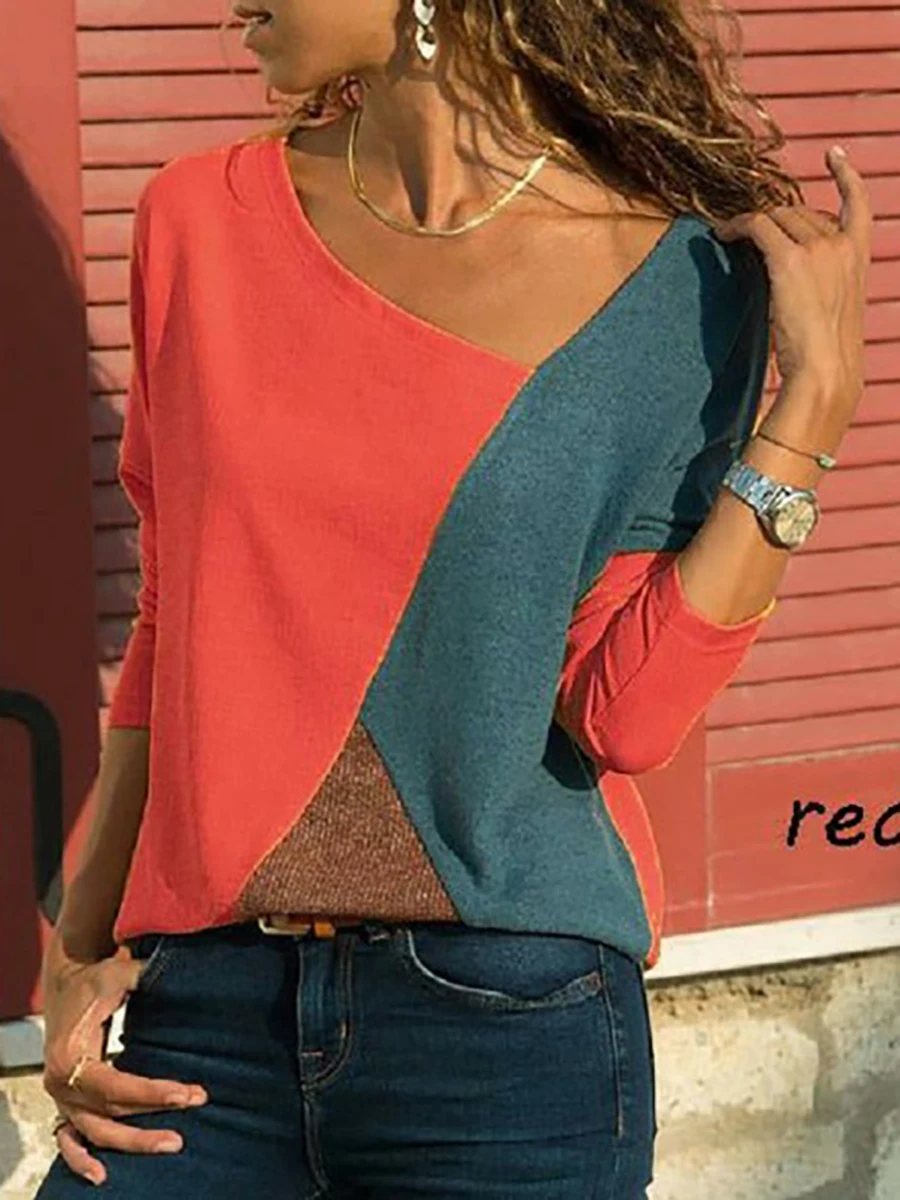 

2019 new fashion contrast color long-sleeved shirt summer and autumn asymmetric neck patchwork contrast stitching jersey loose d