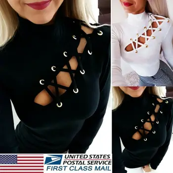 

Womens Sexy Slim Fit Long Sleeve T-shirts Lace-Up Eyelet Hollow Out High Neck T Shirts Tops Slim Stretch Ladies Tee Top