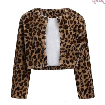 

A warm and fluffy artificial winter Leopard Coat for women, a trimmed fake leather coat