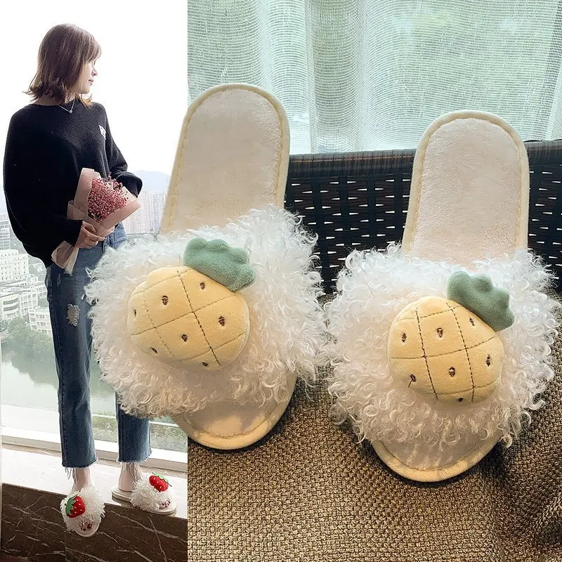 

2020 Autumn and Winter Cute Strawberry Pineapple Plush Students Dormitory Slipper Indoor Comfort Household Cotton-padded Shoes H