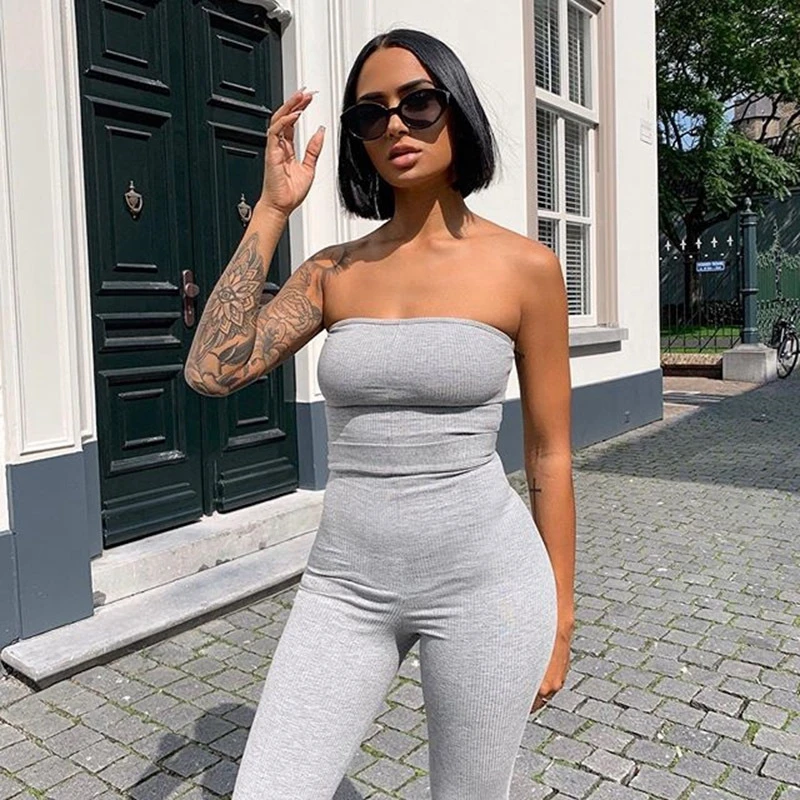 Sexy Backless Bodycon Jumpsuit Women Strapless Sashes Cotton Bandage Playsuits Autumn Causal Solid One Piece Bodysuits