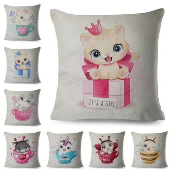 

Lovely Cartoon Cat Print Cushion Cover Decor Pet Animal Pillow Case Linen Pillowcase for Children Room Sofa Home Pillows Covers