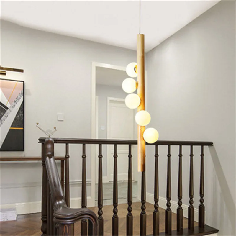 

New Japanese Style 5 Heads Magic Bean Light Stairwell Creative Decoration Hotel Molecular Lights Modern Wooden Chandelier