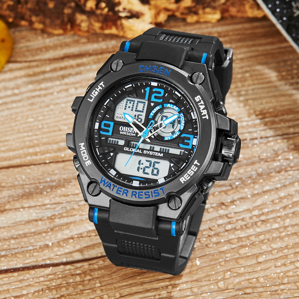 

OHSEN Dual time Men Sport Watch Digital Quartz Fashion military man Wristwatch 50M Waterproof Alarm Stopwatch male Watches Gift